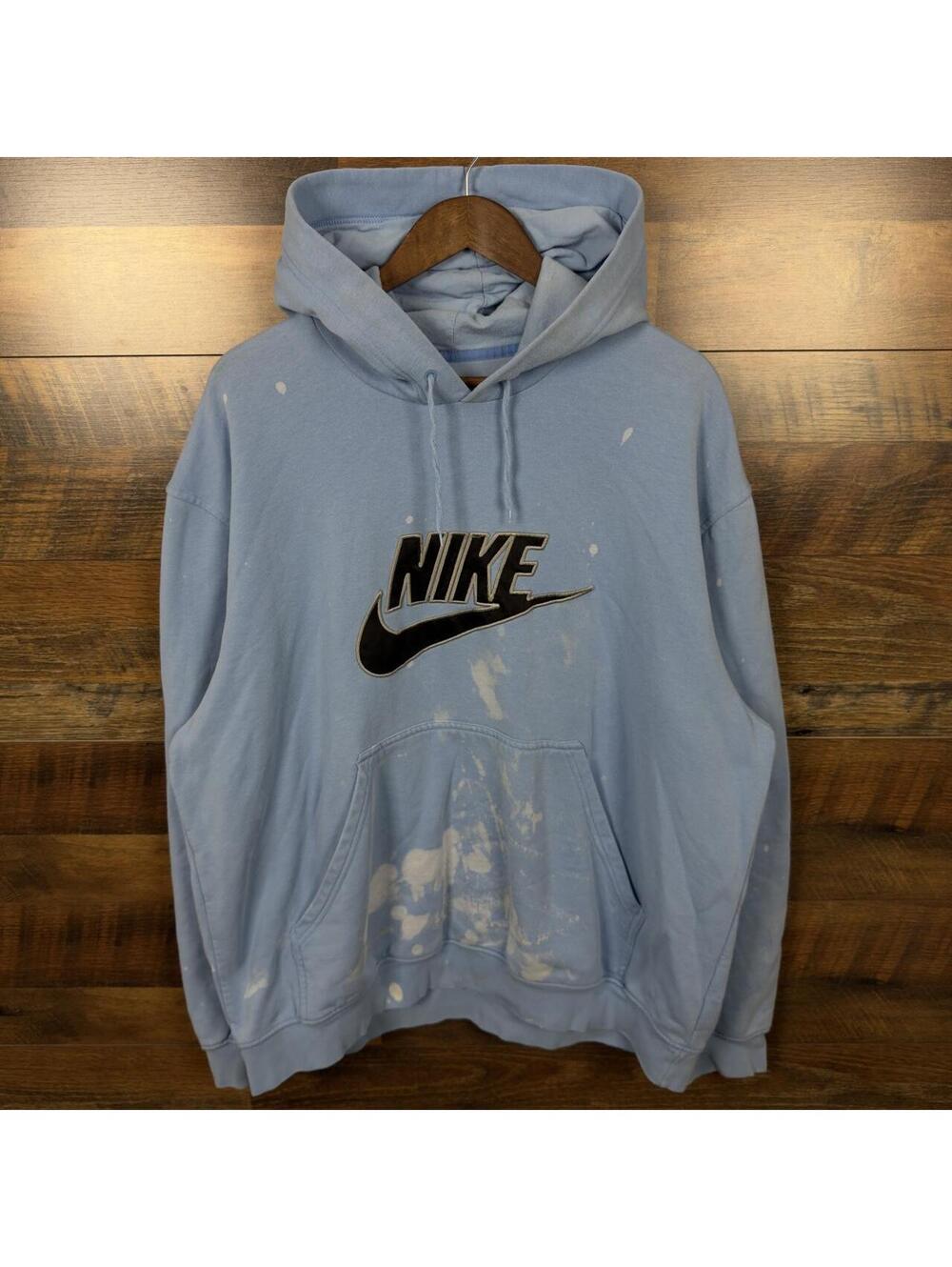 Vintage Nike Swoosh Baby Blue Distressed Bleach Stained Hoodie XL